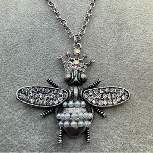 Queen Bee Pendant Necklace Silver Tone Crystal Pearl Statement